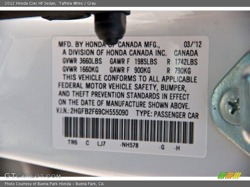 Taffeta White / Gray 2012 Honda Civic HF Sedan