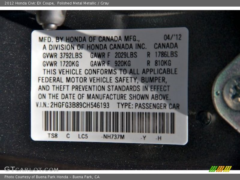 Polished Metal Metallic / Gray 2012 Honda Civic EX Coupe