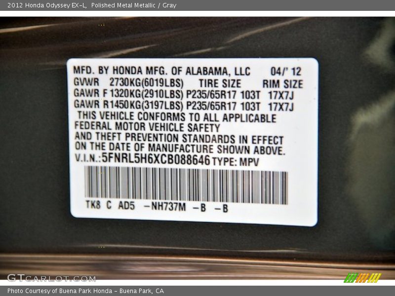 Polished Metal Metallic / Gray 2012 Honda Odyssey EX-L