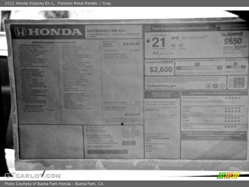 Polished Metal Metallic / Gray 2012 Honda Odyssey EX-L