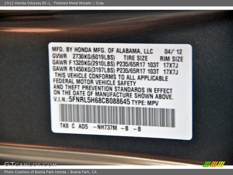 Polished Metal Metallic / Gray 2012 Honda Odyssey EX-L