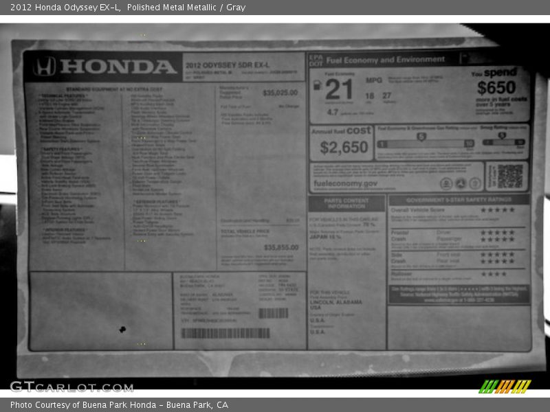 Polished Metal Metallic / Gray 2012 Honda Odyssey EX-L