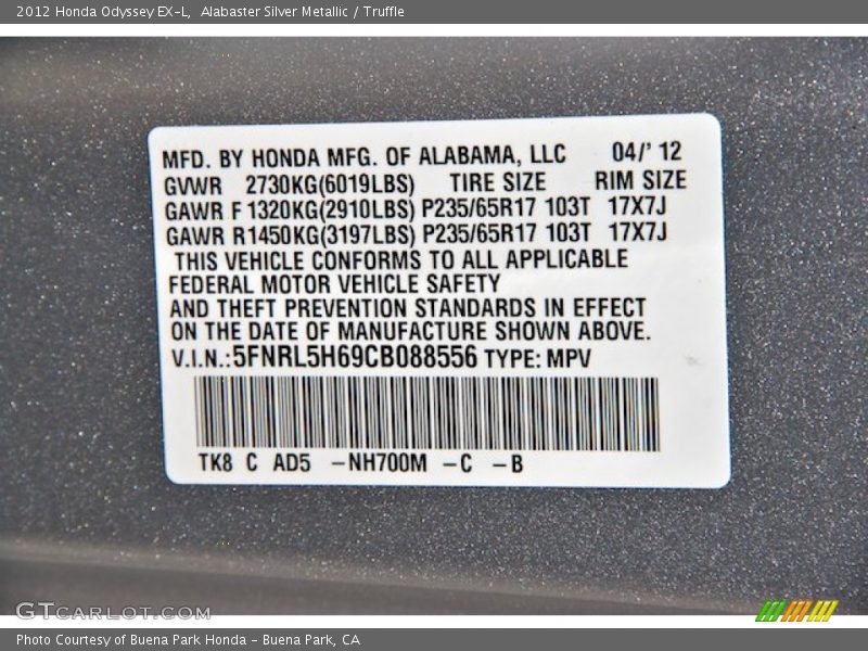 Alabaster Silver Metallic / Truffle 2012 Honda Odyssey EX-L