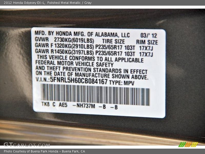 Polished Metal Metallic / Gray 2012 Honda Odyssey EX-L