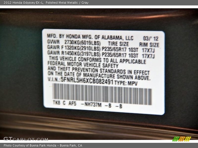 Polished Metal Metallic / Gray 2012 Honda Odyssey EX-L