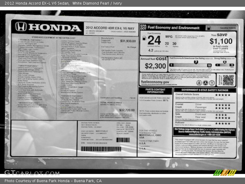 White Diamond Pearl / Ivory 2012 Honda Accord EX-L V6 Sedan