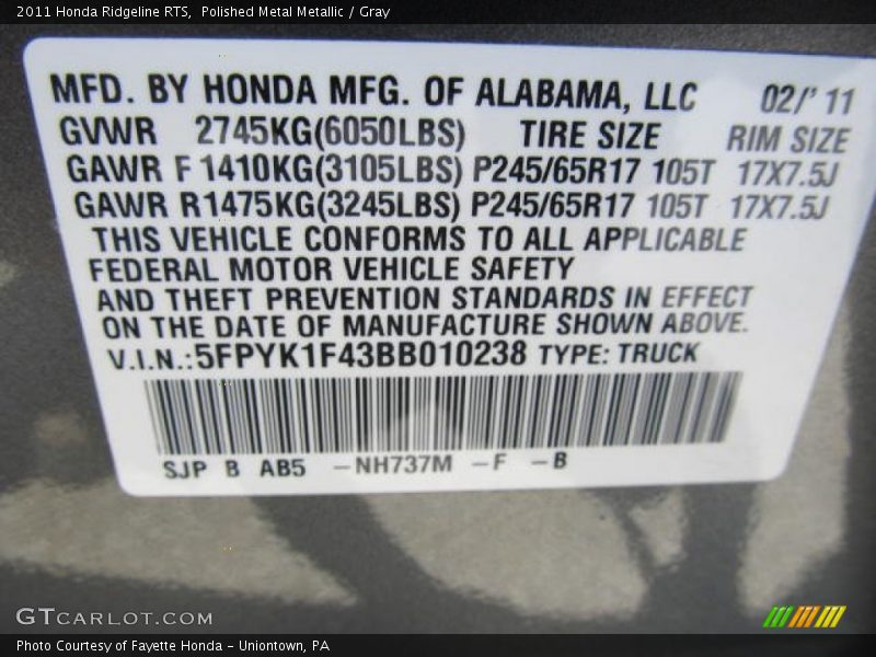 2011 Ridgeline RTS Polished Metal Metallic Color Code NH737M
