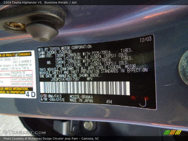 2004 Highlander V6 Bluestone Metallic Color Code 8N6