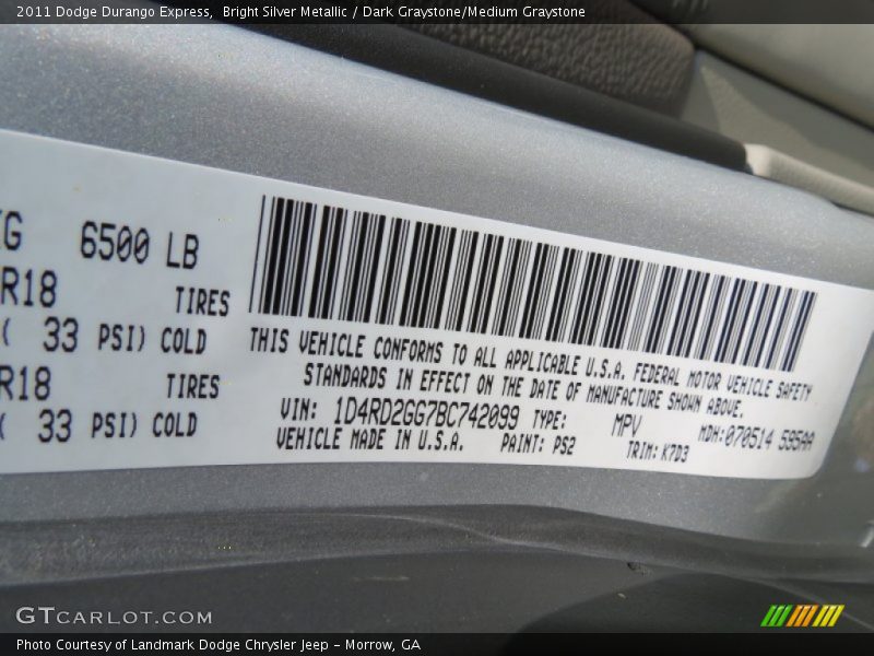 Bright Silver Metallic / Dark Graystone/Medium Graystone 2011 Dodge Durango Express