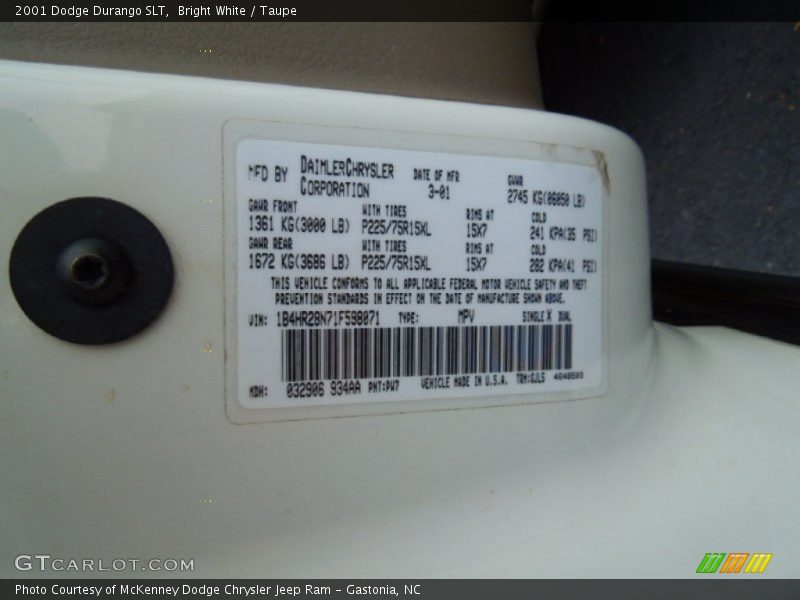 Bright White / Taupe 2001 Dodge Durango SLT