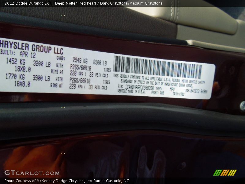 Deep Molten Red Pearl / Dark Graystone/Medium Graystone 2012 Dodge Durango SXT