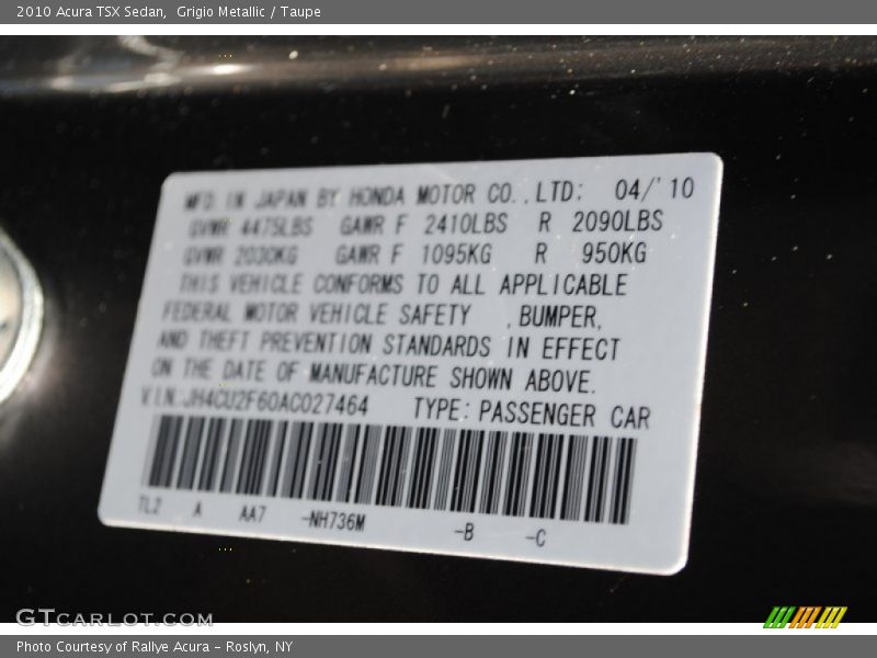 Grigio Metallic / Taupe 2010 Acura TSX Sedan