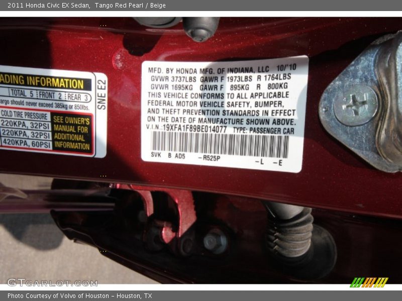Tango Red Pearl / Beige 2011 Honda Civic EX Sedan