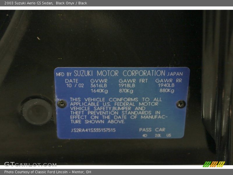 Black Onyx / Black 2003 Suzuki Aerio GS Sedan