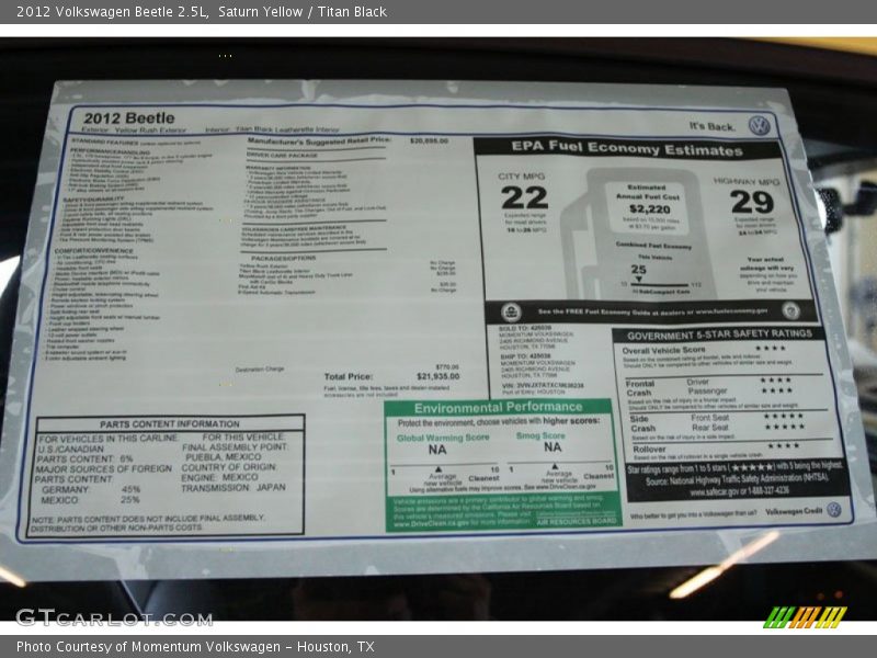 Saturn Yellow / Titan Black 2012 Volkswagen Beetle 2.5L