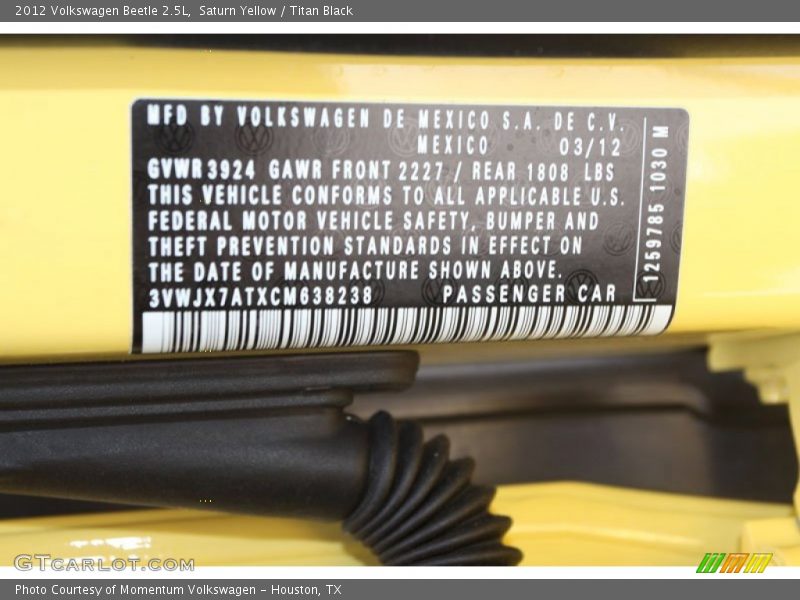 Saturn Yellow / Titan Black 2012 Volkswagen Beetle 2.5L