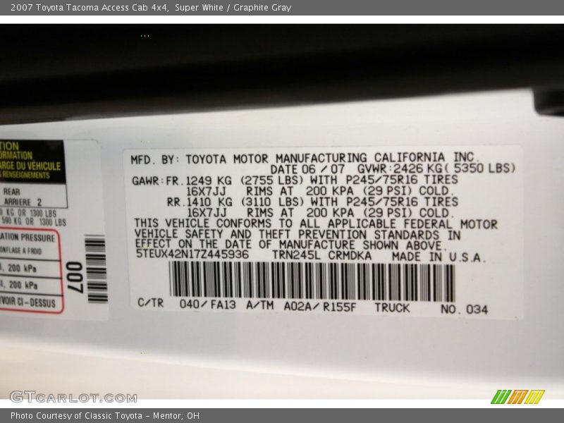 Super White / Graphite Gray 2007 Toyota Tacoma Access Cab 4x4