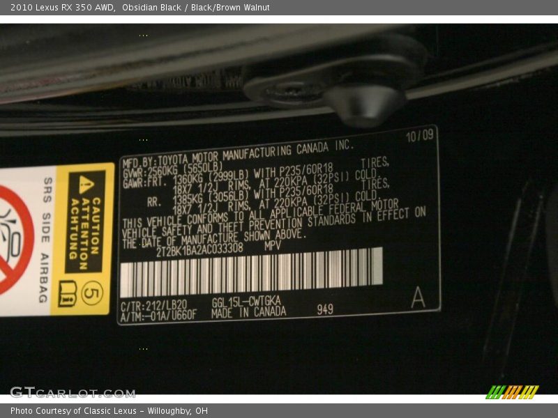 Obsidian Black / Black/Brown Walnut 2010 Lexus RX 350 AWD