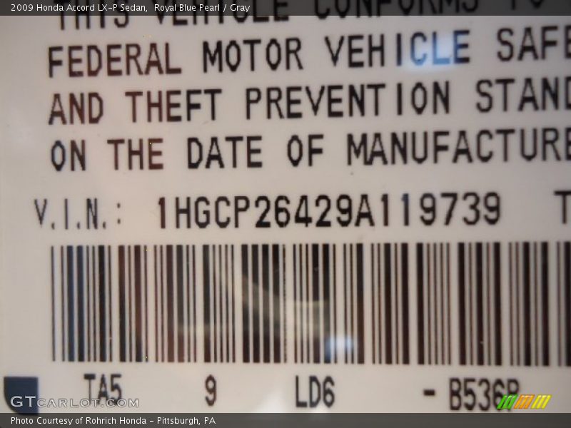Royal Blue Pearl / Gray 2009 Honda Accord LX-P Sedan