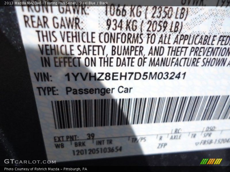 2013 MAZDA6 i Touring Plus Sedan Steel Blue Color Code 39