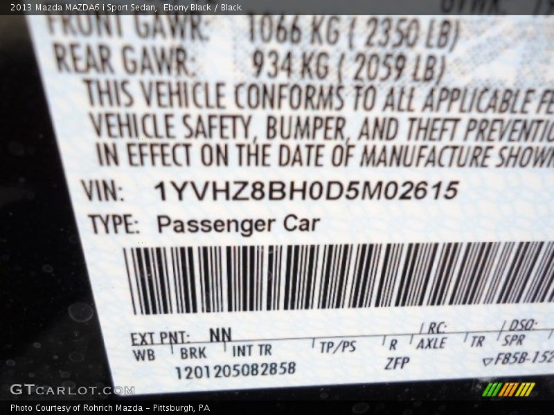 2013 MAZDA6 i Sport Sedan Ebony Black Color Code NN