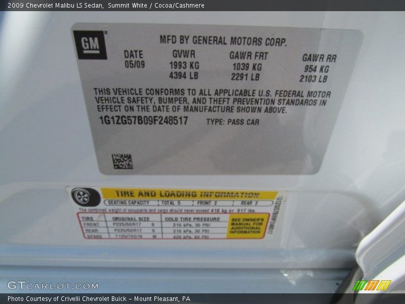 Summit White / Cocoa/Cashmere 2009 Chevrolet Malibu LS Sedan