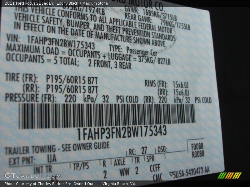 Ebony Black / Medium Stone 2011 Ford Focus SE Sedan