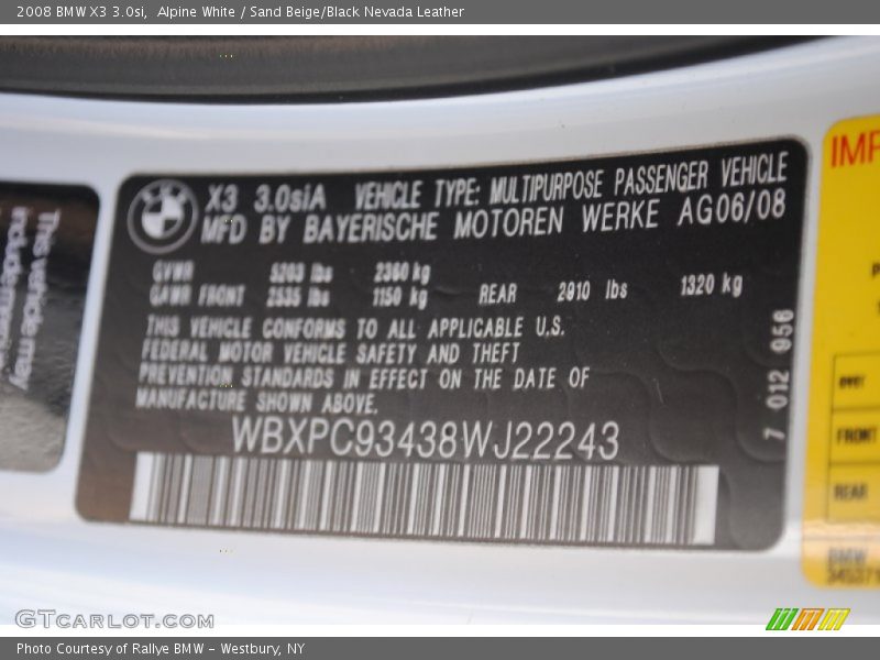 Alpine White / Sand Beige/Black Nevada Leather 2008 BMW X3 3.0si