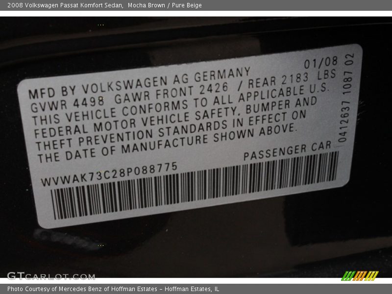 Mocha Brown / Pure Beige 2008 Volkswagen Passat Komfort Sedan