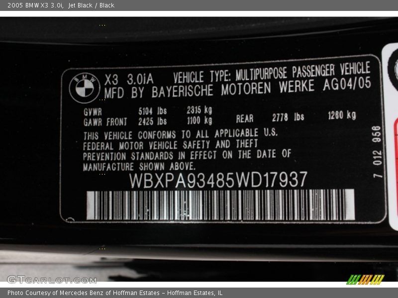 Jet Black / Black 2005 BMW X3 3.0i