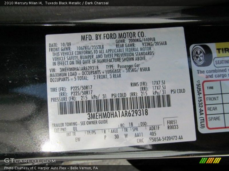 Tuxedo Black Metallic / Dark Charcoal 2010 Mercury Milan I4