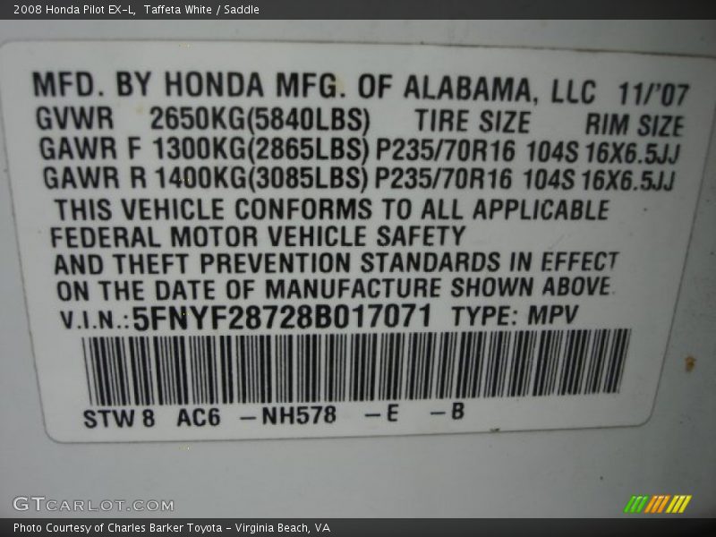 Taffeta White / Saddle 2008 Honda Pilot EX-L