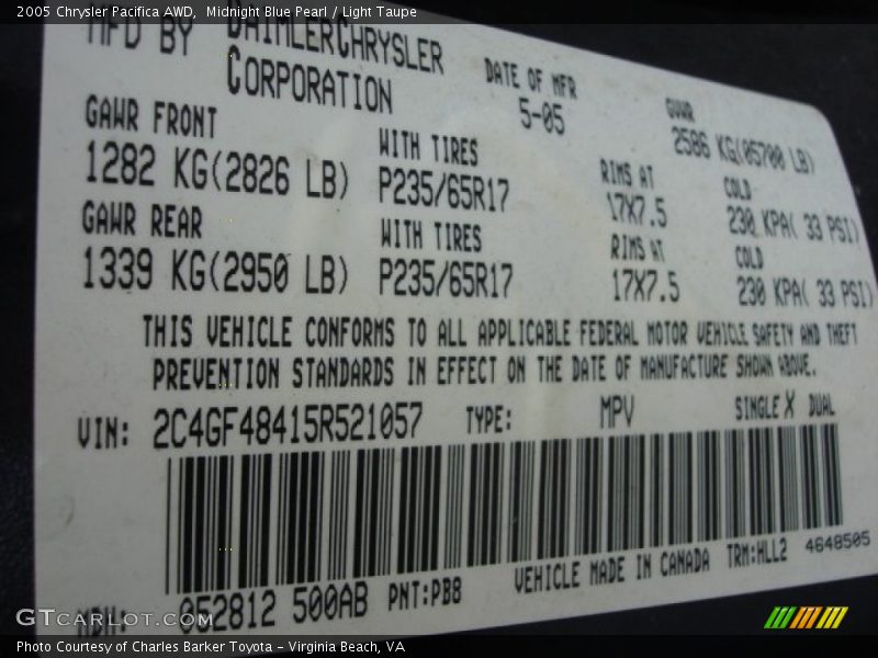 Midnight Blue Pearl / Light Taupe 2005 Chrysler Pacifica AWD