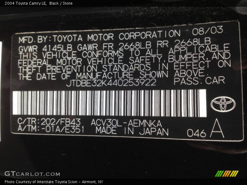 Black / Stone 2004 Toyota Camry LE