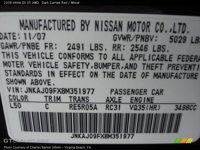 2008 EX 35 AWD Dark Currant Red Color Code L50
