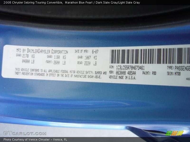 Marathon Blue Pearl / Dark Slate Gray/Light Slate Gray 2008 Chrysler Sebring Touring Convertible