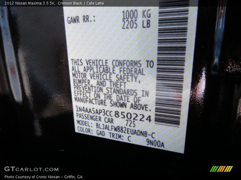 2012 Maxima 3.5 SV Crimson Black Color Code GAD