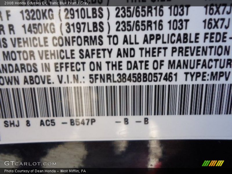 Baltic Blue Pearl / Gray 2008 Honda Odyssey EX