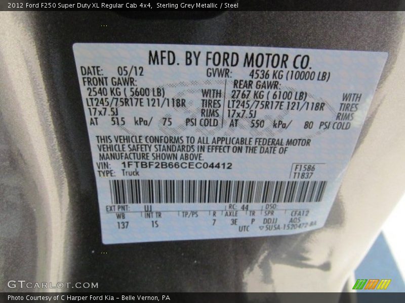 Sterling Grey Metallic / Steel 2012 Ford F250 Super Duty XL Regular Cab 4x4