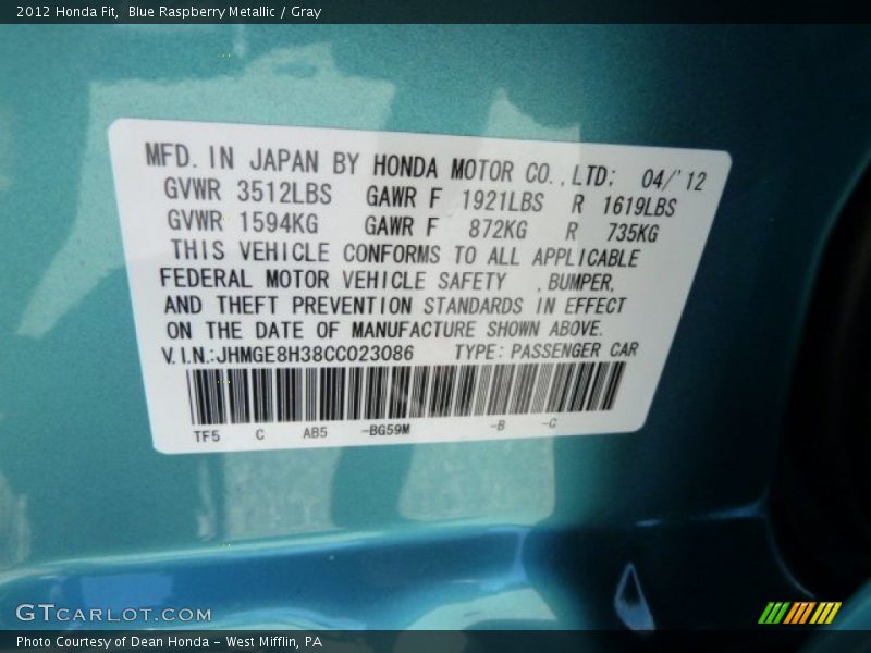 2012 Fit  Blue Raspberry Metallic Color Code BG59M