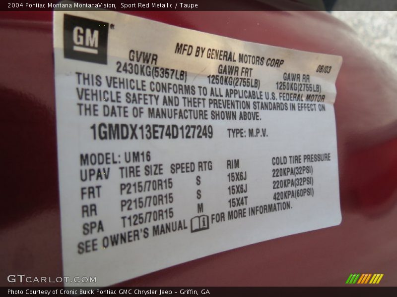 Sport Red Metallic / Taupe 2004 Pontiac Montana MontanaVision