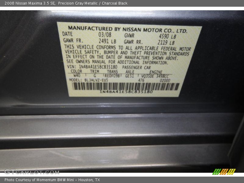 Precision Gray Metallic / Charcoal Black 2008 Nissan Maxima 3.5 SE