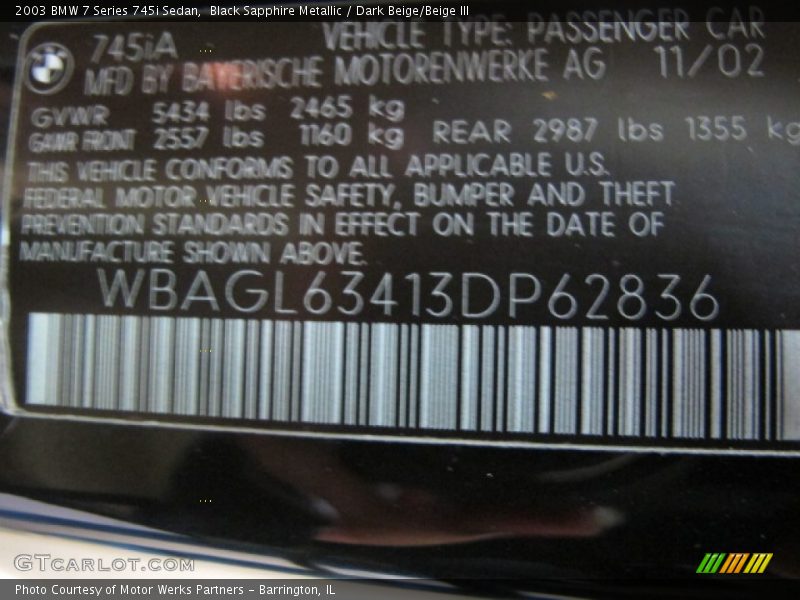 Black Sapphire Metallic / Dark Beige/Beige III 2003 BMW 7 Series 745i Sedan