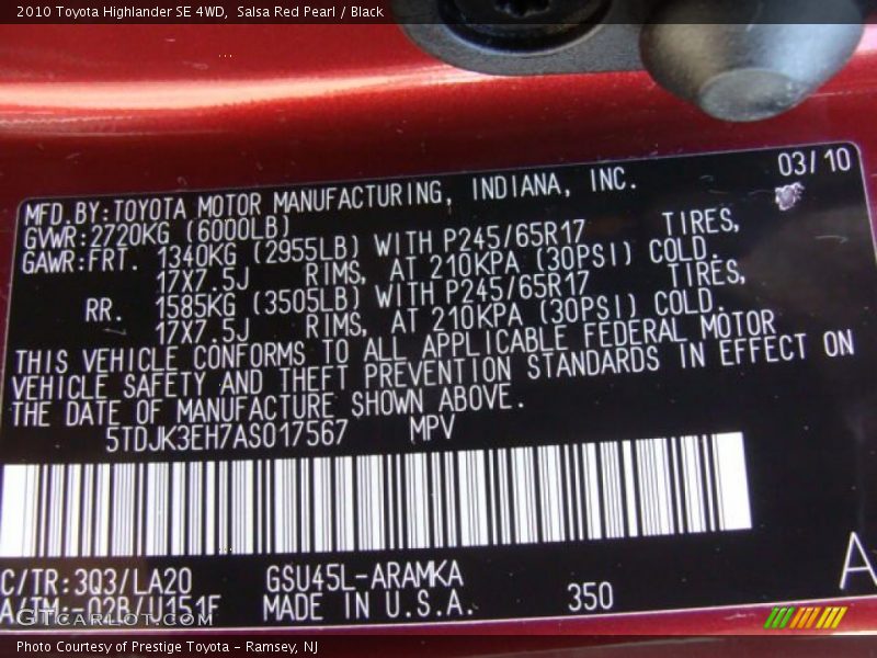 Salsa Red Pearl / Black 2010 Toyota Highlander SE 4WD