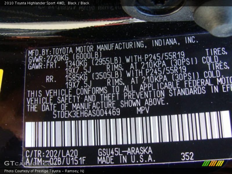 2010 Highlander Sport 4WD Black Color Code 202