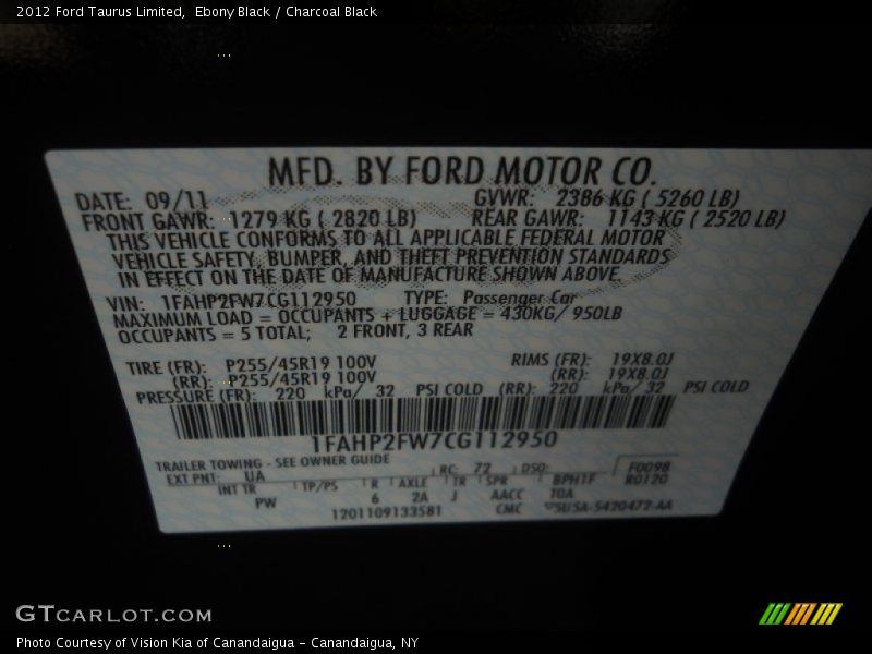 Ebony Black / Charcoal Black 2012 Ford Taurus Limited
