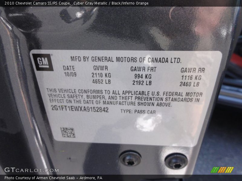 Cyber Gray Metallic / Black/Inferno Orange 2010 Chevrolet Camaro SS/RS Coupe