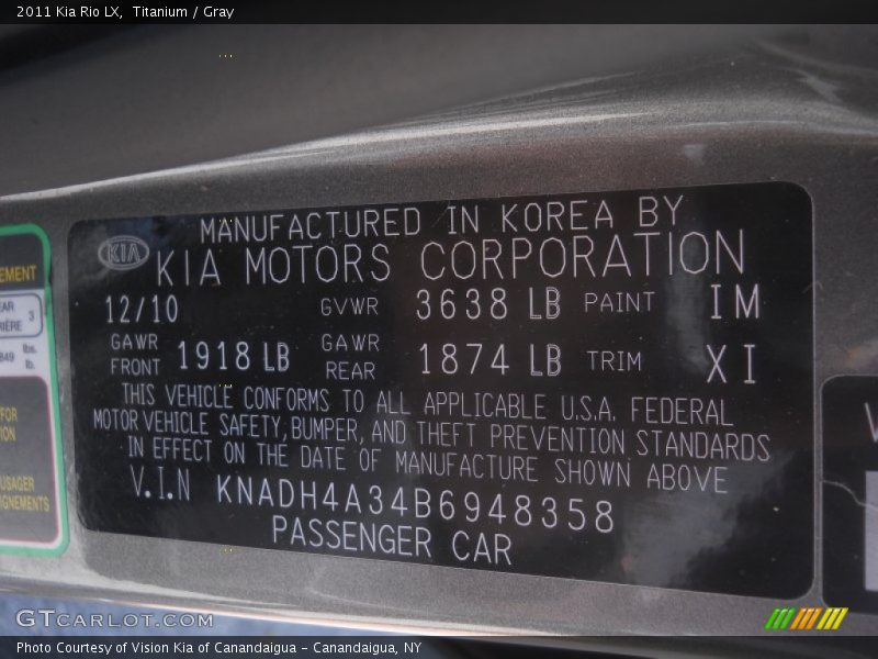 Titanium / Gray 2011 Kia Rio LX