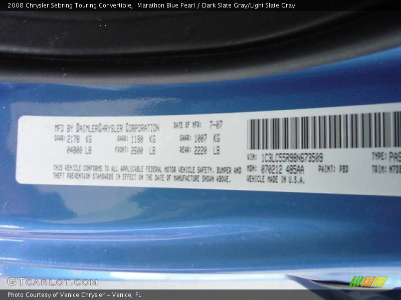 Marathon Blue Pearl / Dark Slate Gray/Light Slate Gray 2008 Chrysler Sebring Touring Convertible