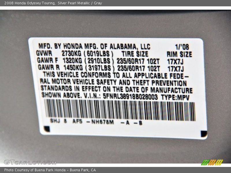 Silver Pearl Metallic / Gray 2008 Honda Odyssey Touring